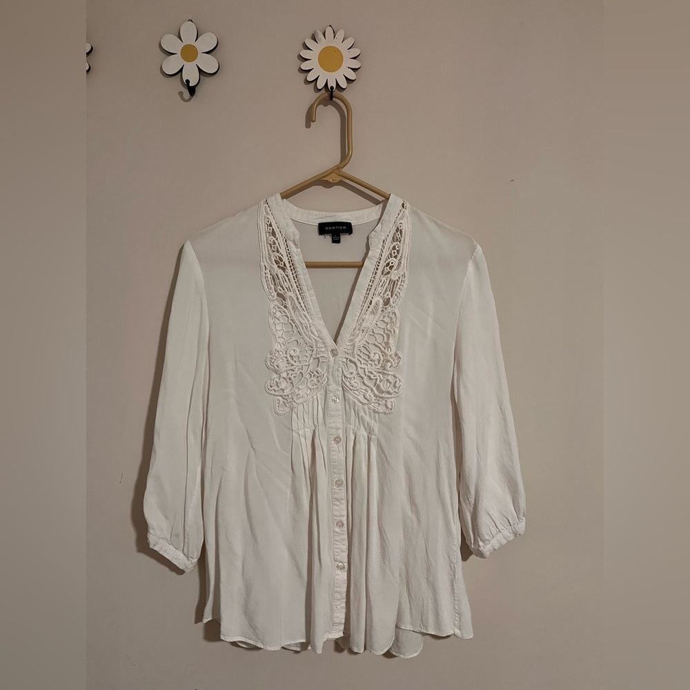 Spense V Neck White Blouse, 3/4 length Sleeves & Lace Accents size Large
